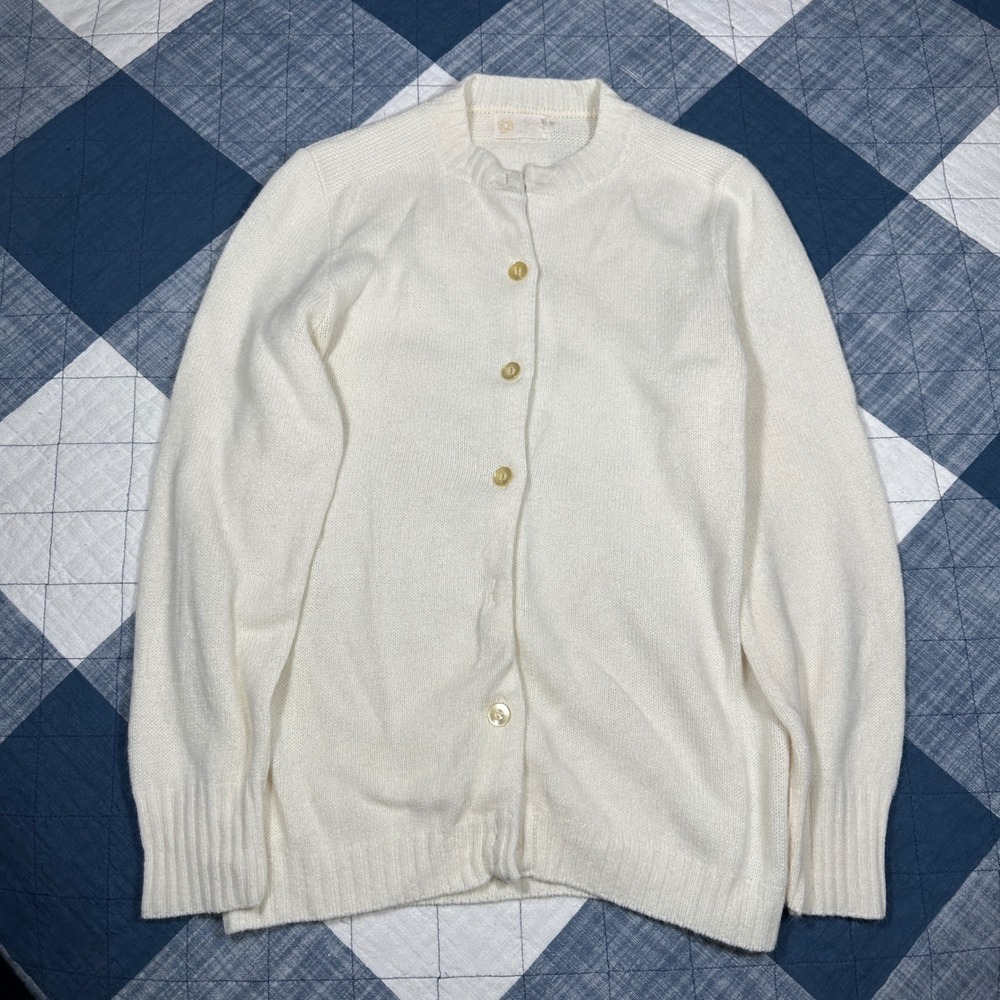 VTG 70s/80s Myrna White Knit Cardigan Sweater Button Front Crew Neck Women M